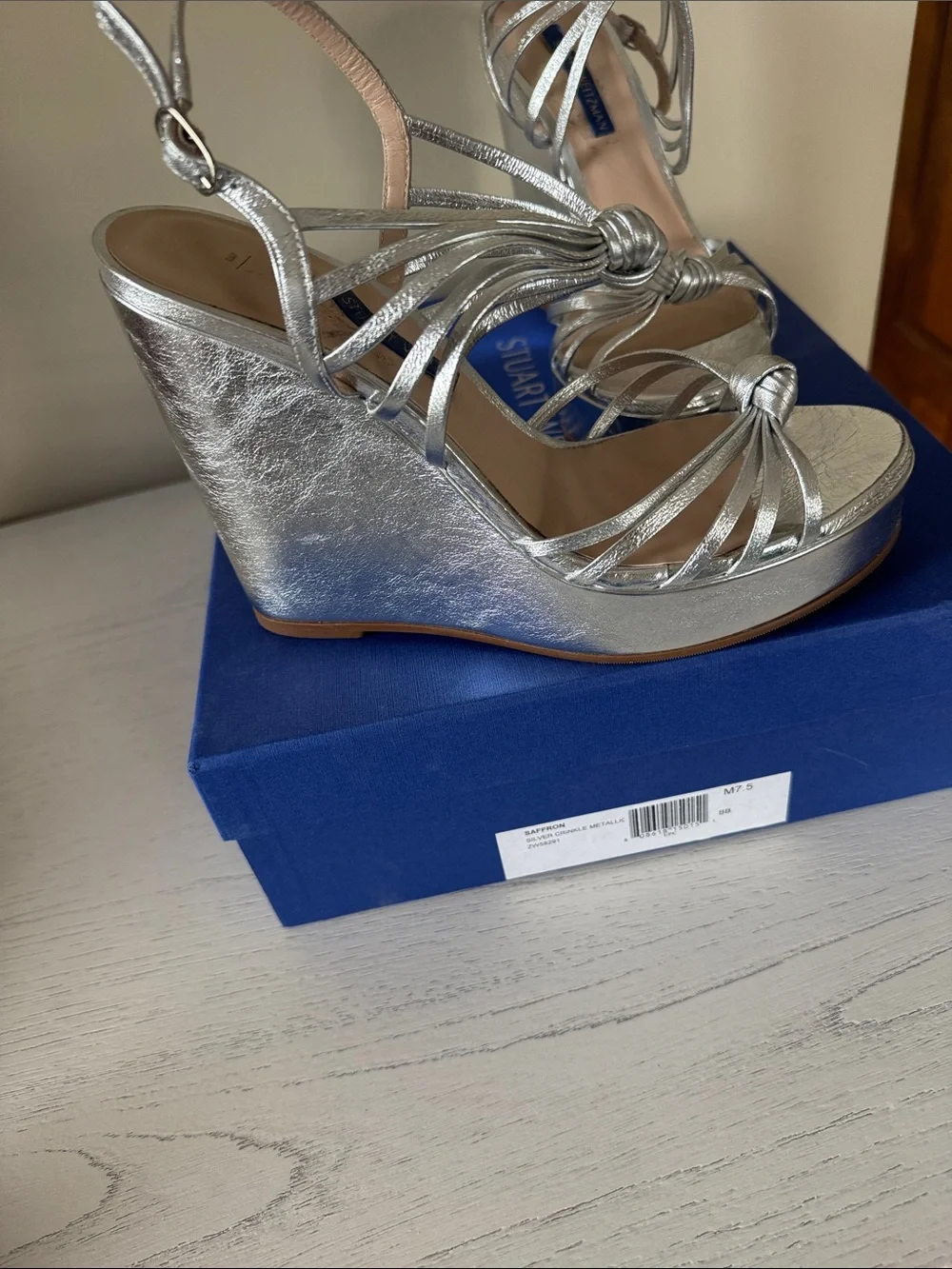 Stuart Weitzman Silver Metallic Saffron Strappy Wedge Sandals - Picture 7 of 11